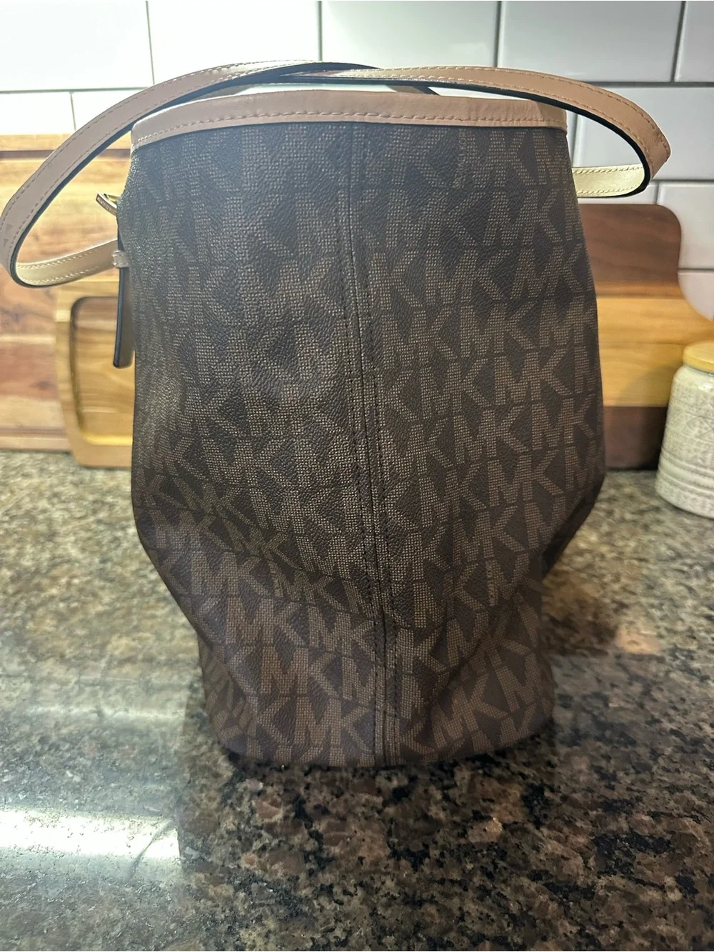 Michael Kors Brown Large Monogram Tote with Tan Trim